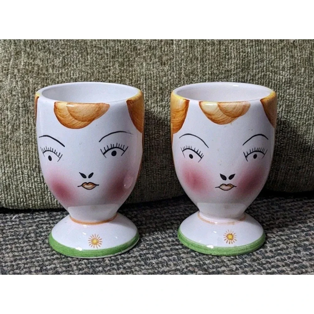 Pair Of Vintage Hand Painted Lady Face Ceramic Egg Cup Holders Unique